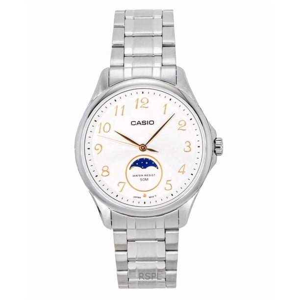 Casio Reloj Estándar Analógico con Fase Lunar, Acero Inoxidable, Esfera Blanca, Cuarzo MTP-M110D-7AV para Hombre