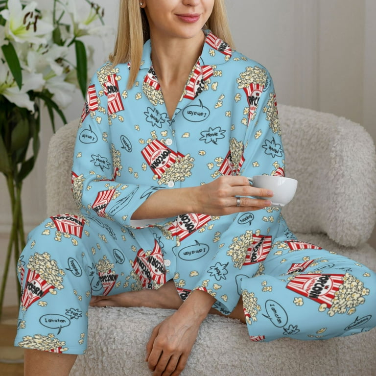 Goofa I Am A Fan Popcorn Printed Women s 2 Piece Pajama Set Super Pajamas Women s Long Sleeve Sleepwear Soft Button Down Loungewear Pjs Lounge Set