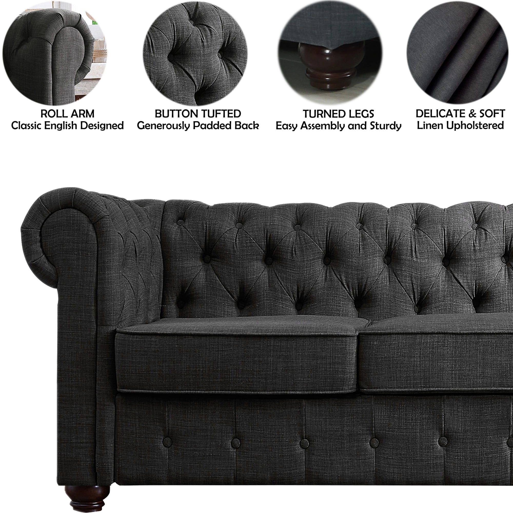 Gewnee Dark gray 65” Loveseat, Solid Wood Frame & Rubberwood Legs for Living Room, Apartment, Guest Room