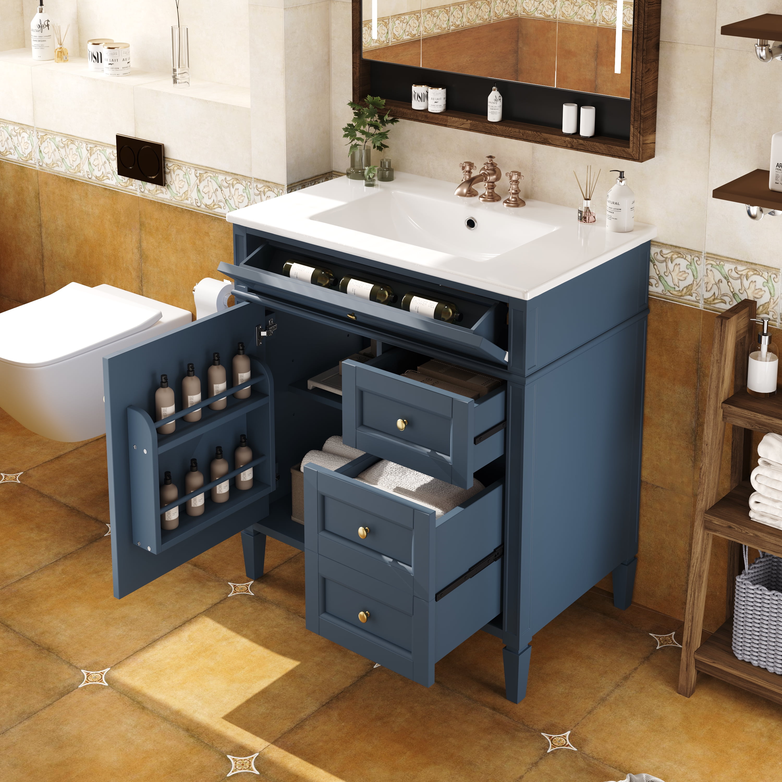 Euroco Modern Bathroom Vanity with Drawers, Cabinet Door Organizer & Tip-Out Tray,Freestanding Storage Cabinet with Sink Compatibility
