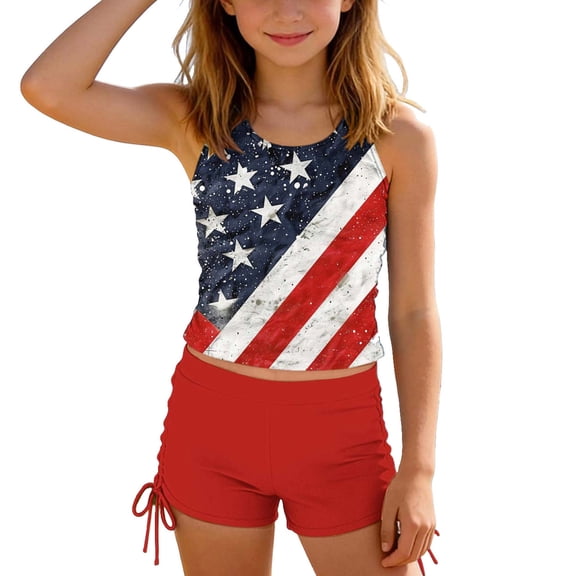 Amidoa Girls 2 Piece Outfits Summer Clothes Cute Graphic Tank Top and Casual Swimming Trunks Suit Kids Clothing Sets Red Size 10