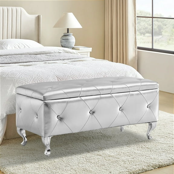 Aukfa Storage Ottoman Bench with Crystal Buttons for Bedroom,Silver