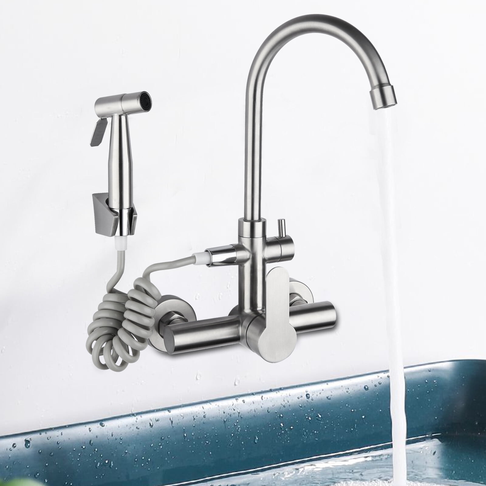 Silver Single Handle Wall-mounted Stainless Steel Faucet 360° Rotation Kitchen Faucet for Homes Restaurants Shopping Centers
