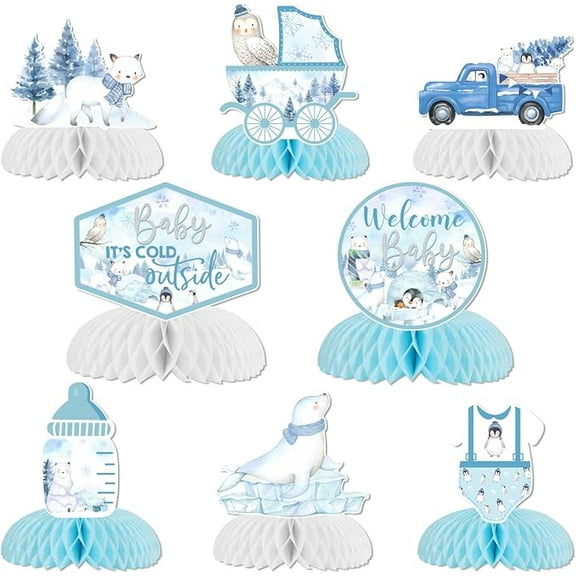 Winter Woodland Baby Shower Decorations, 8pcs Arctic Animals Baby It’s Cold Outside Honeycomb Centerpieces for Arctic Polar Penguin Welcome Baby Shower Table Decorations