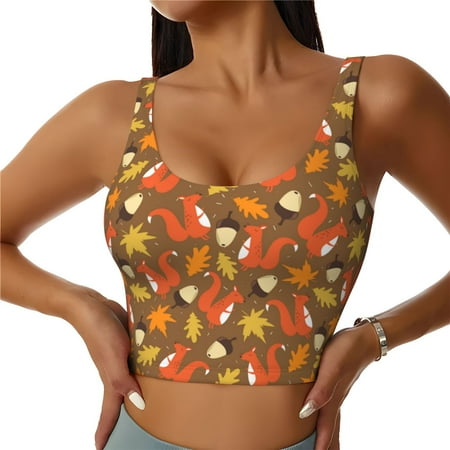 Adobk Squirrel Maple pine nut Print Sports Bras for Women Longline Workout Crop Tank Tops Padded with Built in Shelf Padded Sports Bra-