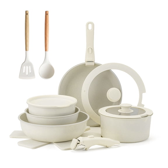 Behome 17 Pcs Pots and Pan Set Non Stick with Detachable Handle, Ceramic Cookware Set, Compatible with Induction, Electric, Gas Cooktops, Dishwasher & Oven Safe