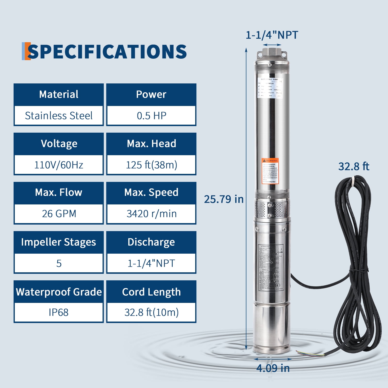 0.5HP Submersible Deep Well Pump – 27 GPM Stainless Steel Water Pump with Brass Check Valve, 10 ft Power Cord, 4" Deep Well Pump for Irrigation, Farm, Industrial & Home Water Supply