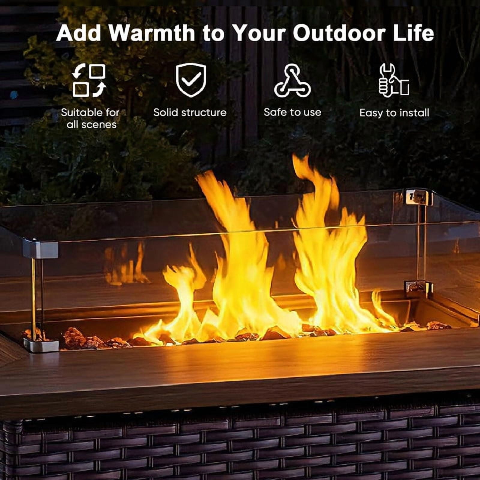 Giantfurnni 41" Propane Fire Pit Table with Lid, Outdoor Wicker 50,000 BTUs Rectangle Gas Fire Pit Table with Glass Wind Guard and Lava Rocks for Balcony Porch Deck
