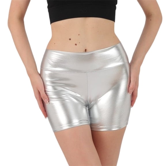 KDDYLITQ Womens Booty Shorts High Waisted Shiny Bottoms Dance Festival Costumes Shorts Silver M