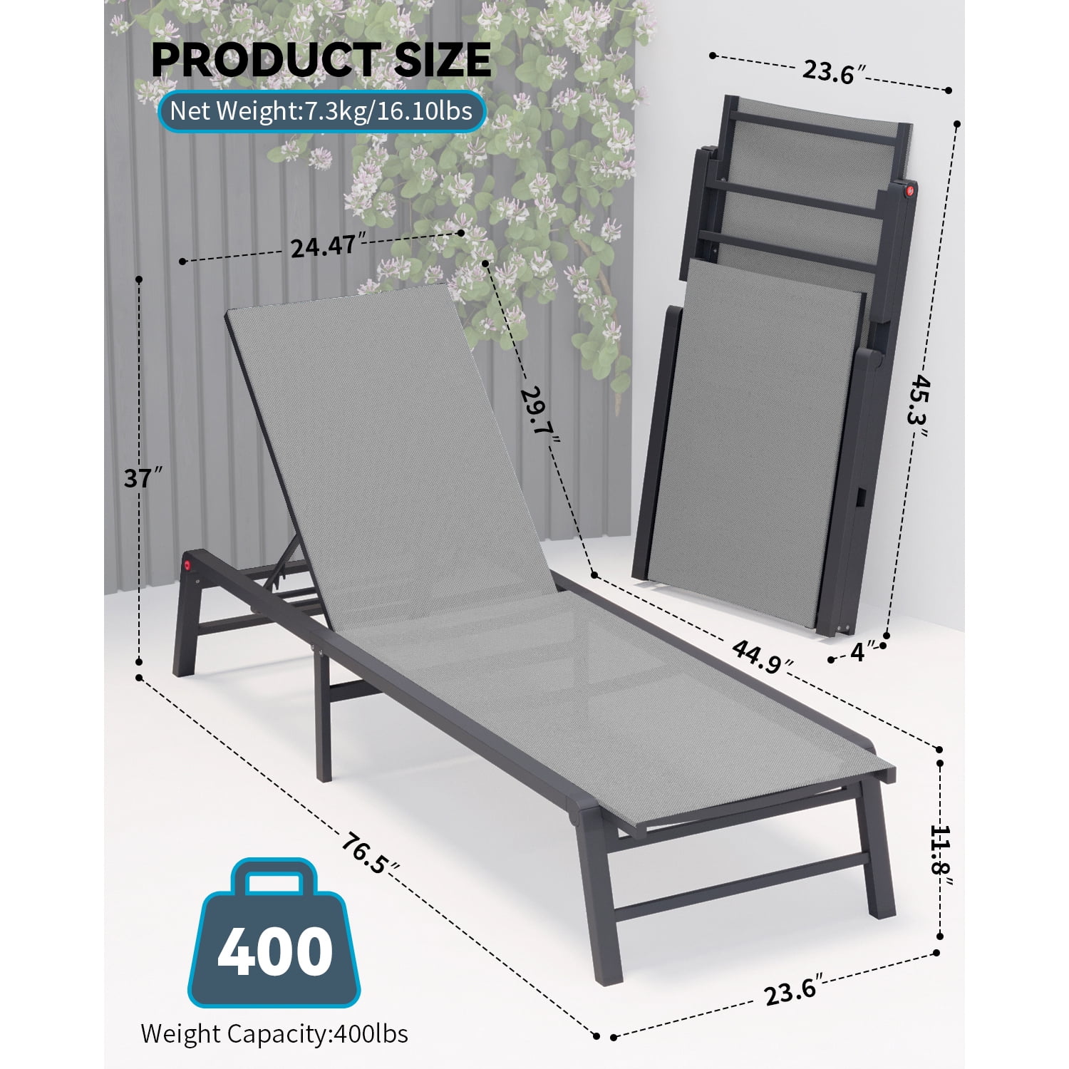 Patio Chaise Lounge, 2 Pack No Assembly Aluminum Reclining Pool Lounge Chair Adjustable Backrest for Sunbathing, Grey