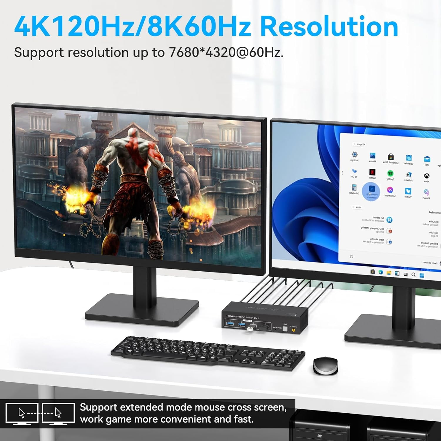8K@60Hz HDMI+Displayport KVM Switch 2 Monitors 2 Computers USB 3.0 KVM Switcher Dual Monitor 2 Port for 2 PC Share Multi Monitor and 4 USB Devices with Wired Controller DC Adapter