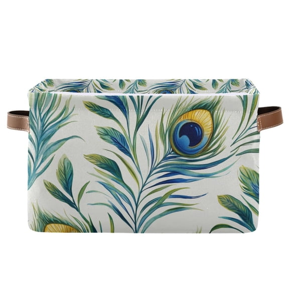 Yayeee Canvas Storage Basket with Handles for Shelves Fabric Bins Closet Organizer, Peacock Feather