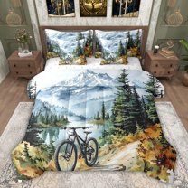 Feelyou Modern Cycling Lover Bedding Comforter Set 7pcs, Watercolor Mountain King Bedding Sets, Teens Kids Boys Girls Reversible Bed Sheets, Lightweight Room Decor
