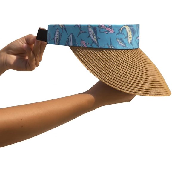 Women's Wide Brim Straw Visor Hat with Printed hat Band