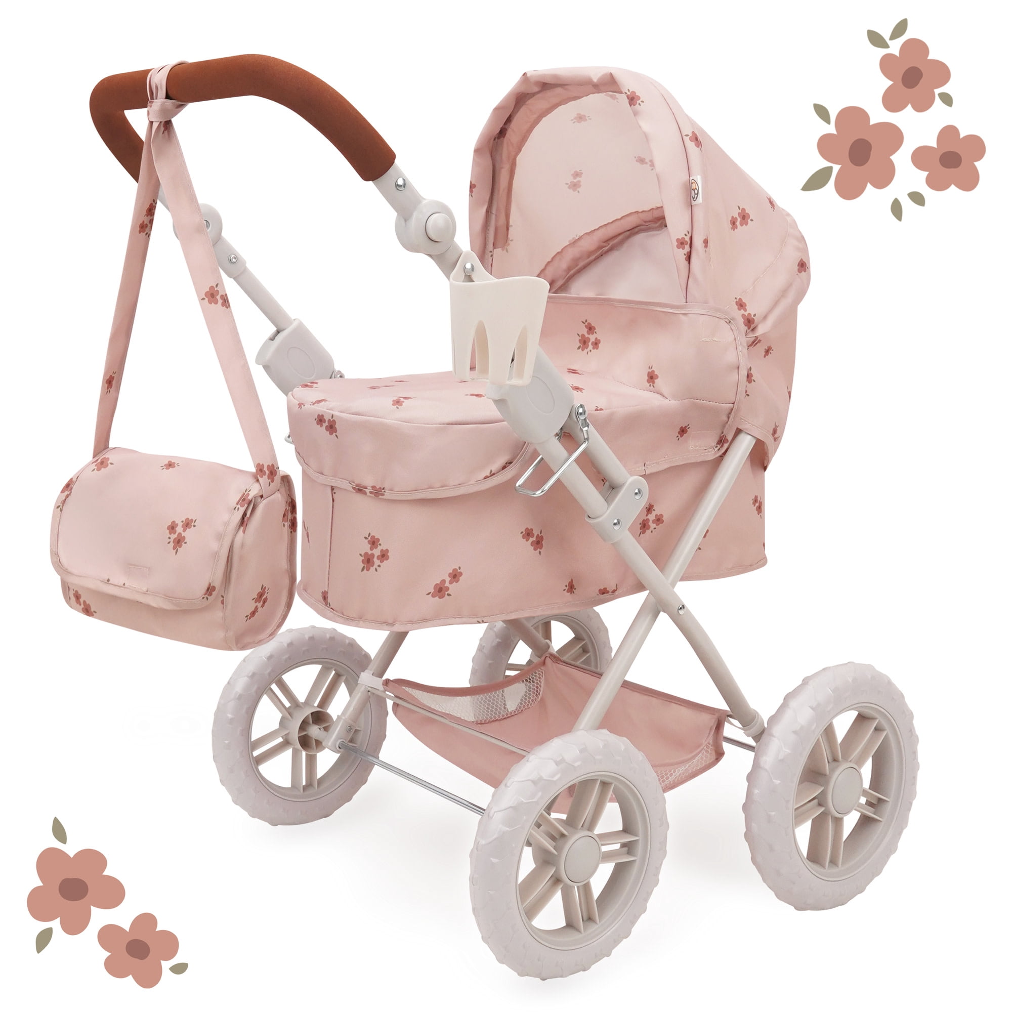 509 Crew: Ballet Flora - Deluxe Amanda Doll Pram - Soft Pink & Flowers, Handbag, Sun Canopy, Adjustable Handle, Foldable, Doll Accessory Toy, Kids 3+