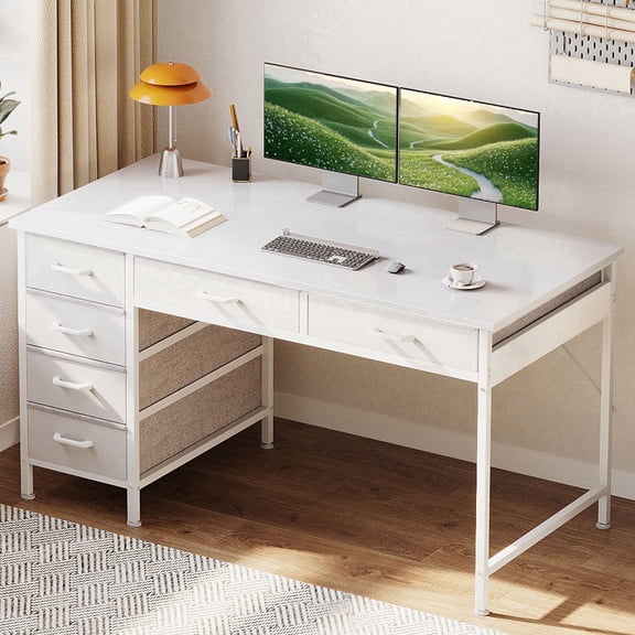 Casacomoda 48" Home Office Desk with 6 Drawers, Small Space Computer Desk with Reversible Storage, Corner Computer Desk, White
