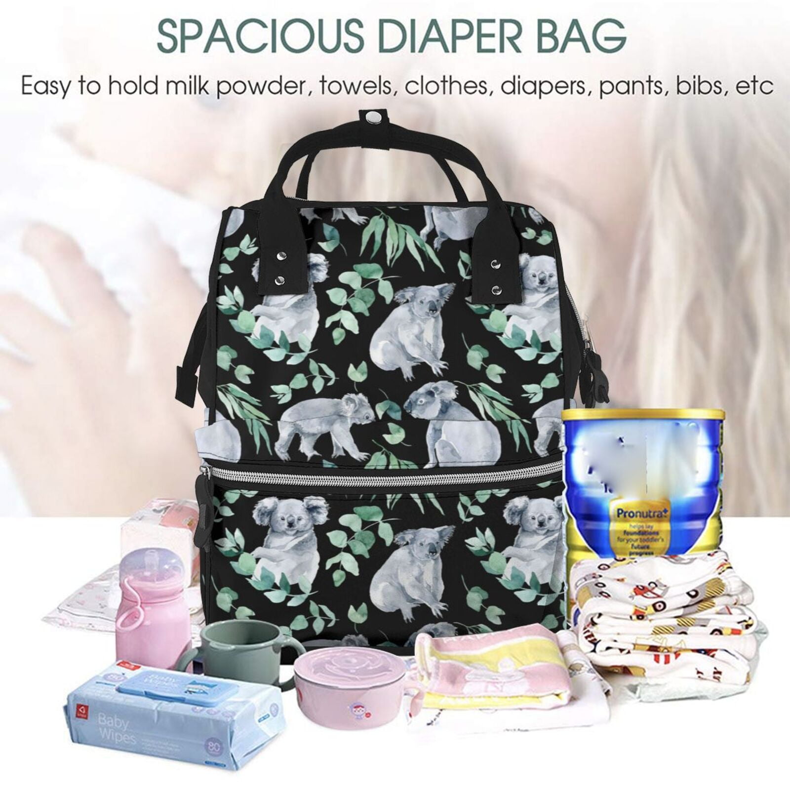 Ratiio Cartoon Koala Bear Mummy Backpack - Waterproof Twill Canvas, Large Capacity Diaper Bag with Multiple Pockets and Adjustable Straps