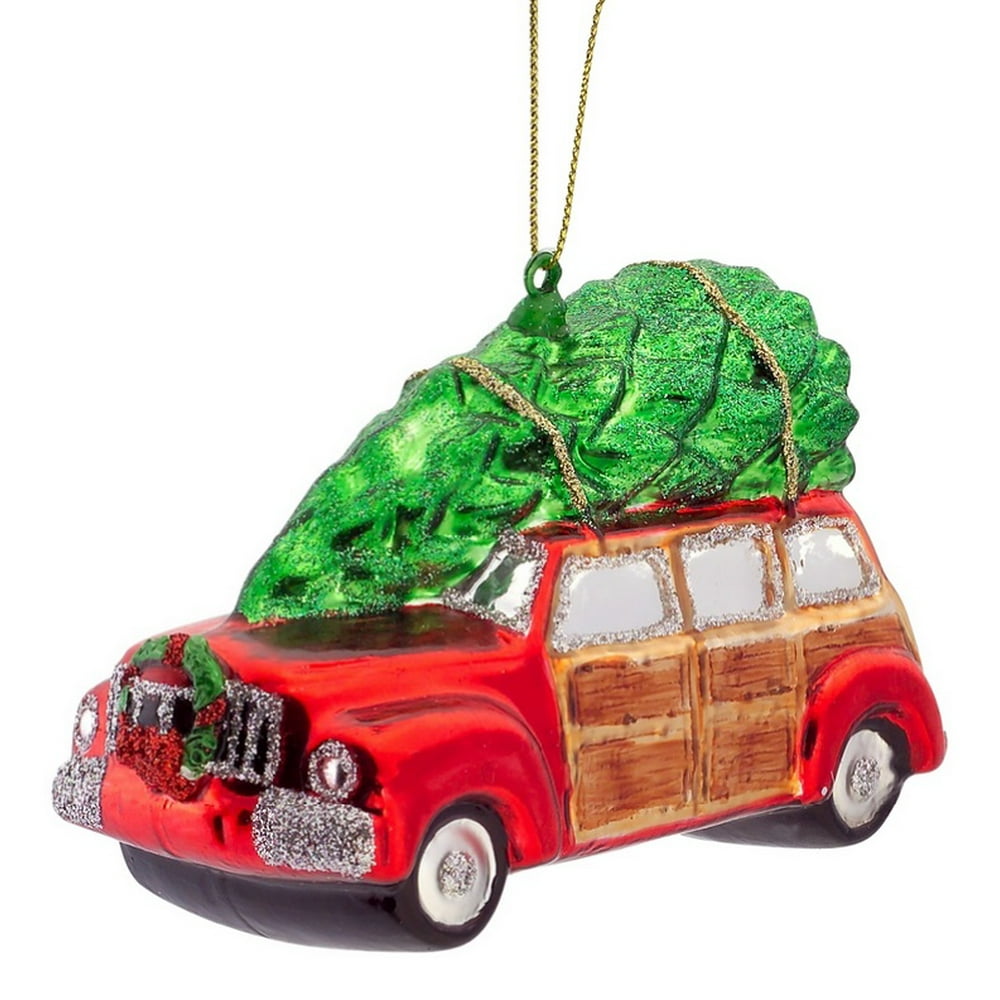 Pack of 6 Vintage Red Car with Tree Glass Christmas Ornaments 2.5