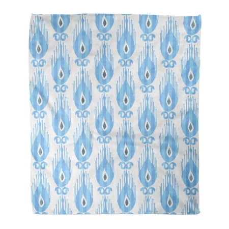 SIDONKU Throw Blanket Warm Cozy Print Flannel Turkish Ikat Pattern in Blue and White Paisley Feather Comfortable Soft for Bed Sofa and Couch 58x80 Inches