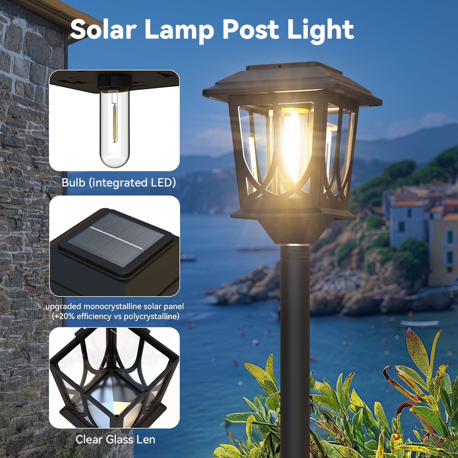 40" Solar Lamp Post Lights, Metal Glass Waterproof Outdoor Garden Lights, Auto Dusk-to-Dawn Warm White, 2 Pack