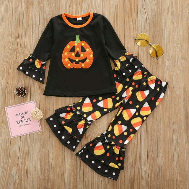Kids Baby Girls Halloween Outfits Long Sleeve Cartoon Pumpkin Pattern Top and Pants Set