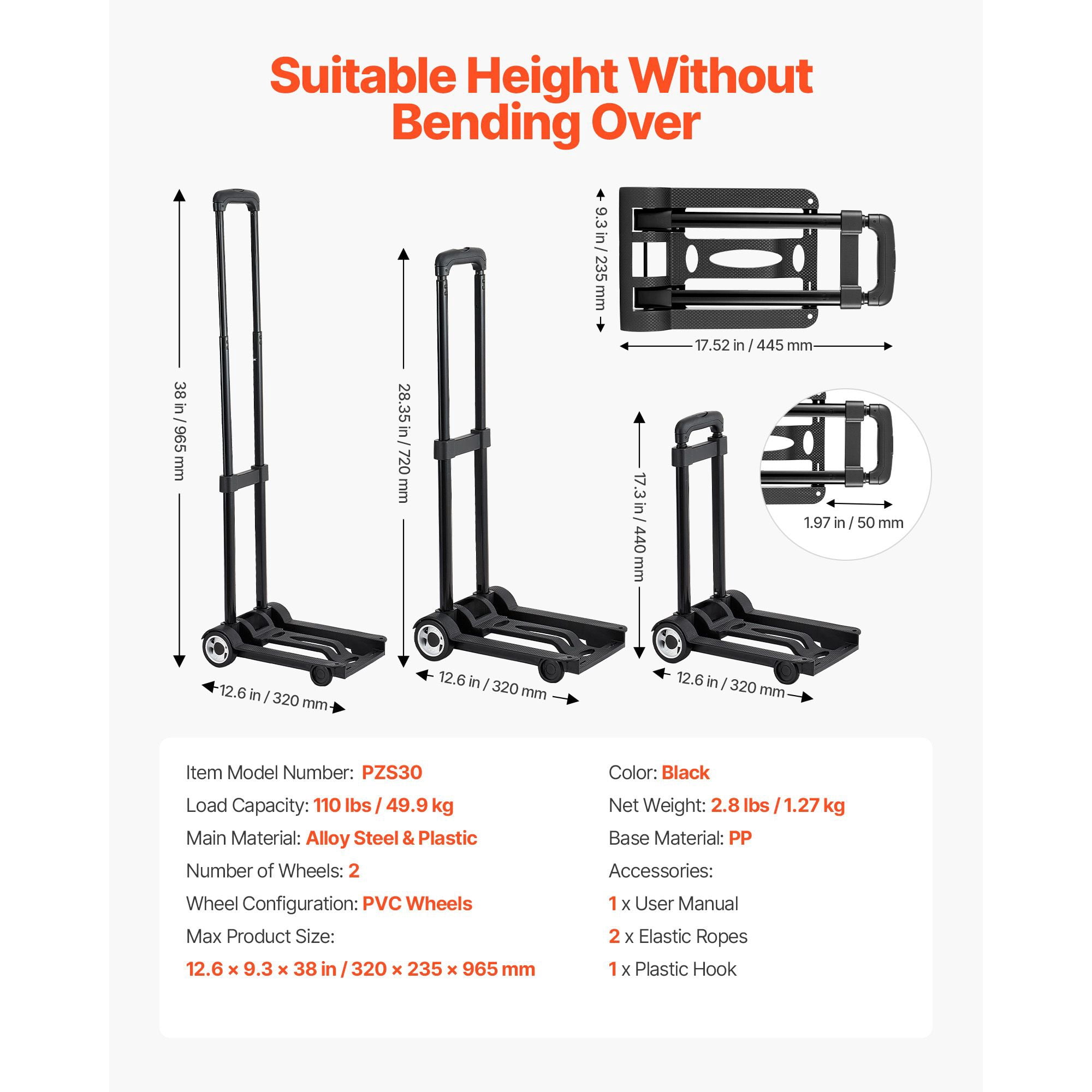 Folding Hand Truck with 110lbs Capacity,Collapsible Luggage Cart with 2 Wheels and Elastic Rope for Travel and Moving Furniture,Black