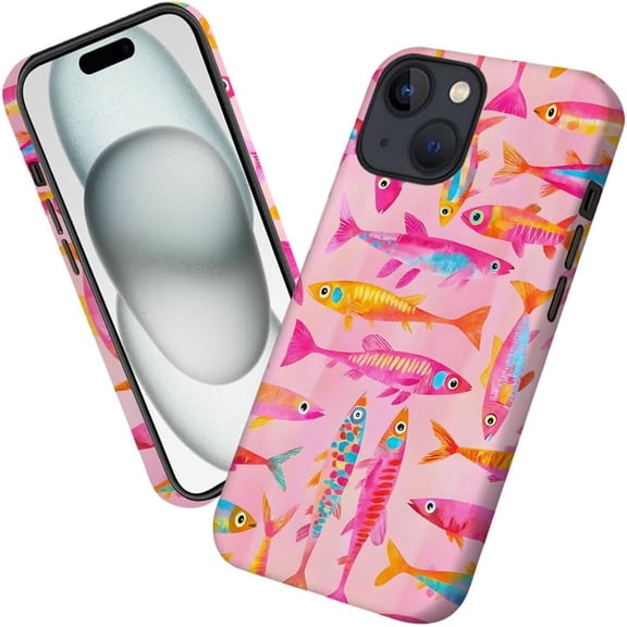 Case for iPhone 15 Plus, Pink Colorful Fish Phone Case Military-Grade Drop Protection Cover for Women Girl - Frosted