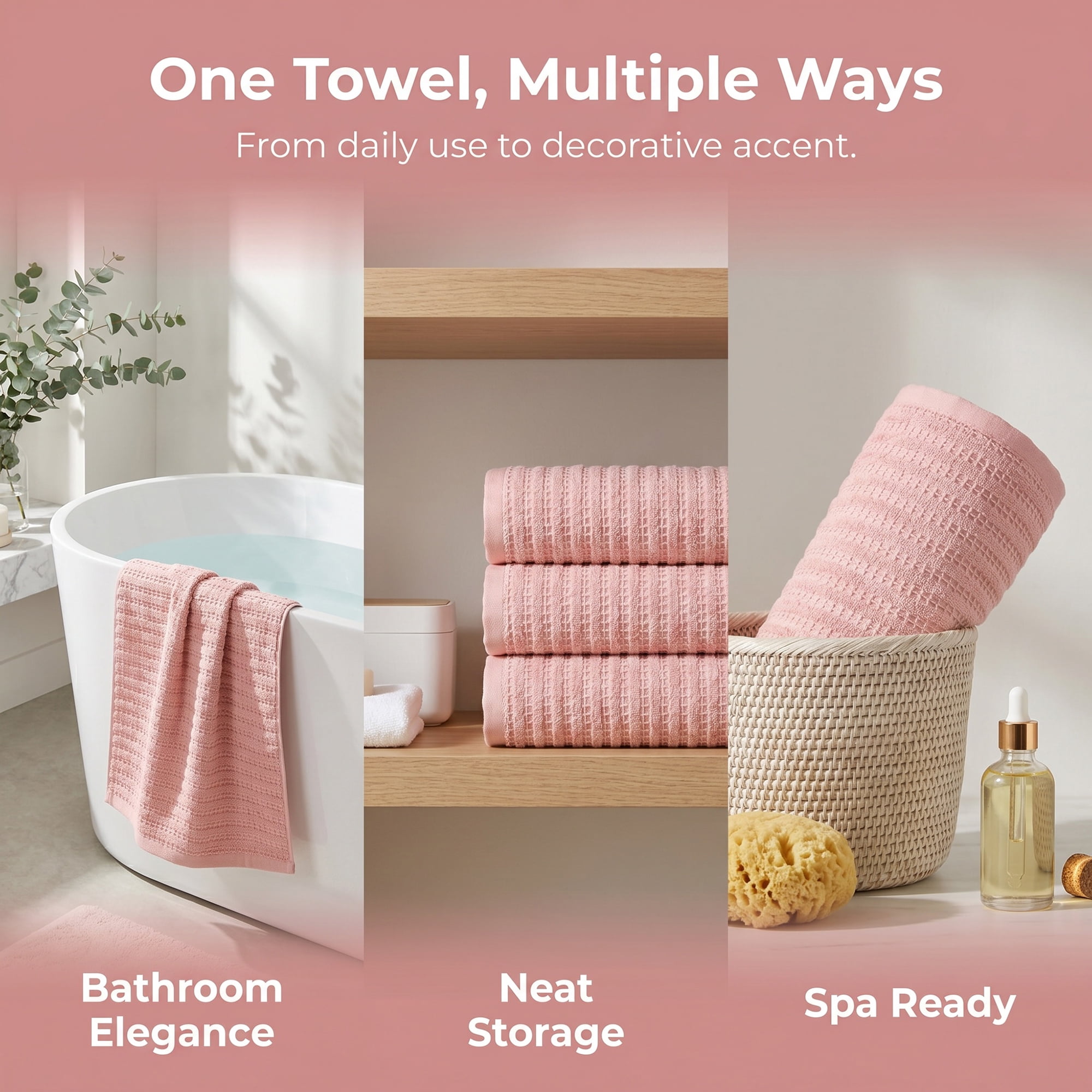 Unique Bargains Waffle Durable Bath Towel 2 Pack Pink/Milky White 55" x 28"