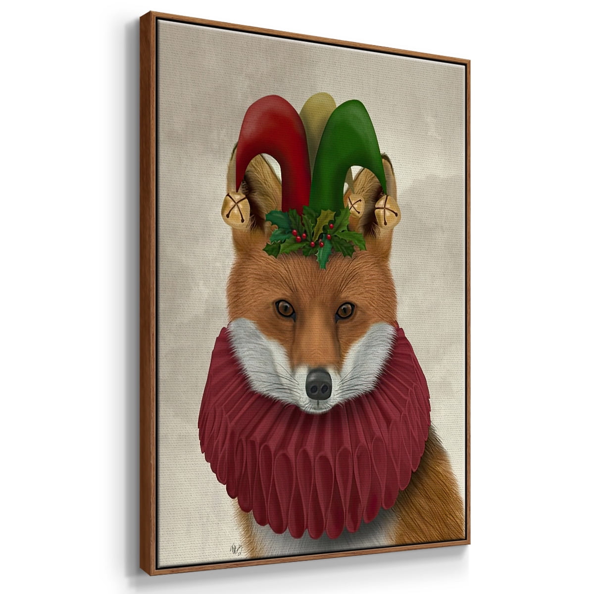 Christmas Foxy Christmas Fool - Framed Gallery Wrapped Holiday Canvas - 27 x 41 - Rosewood Frame