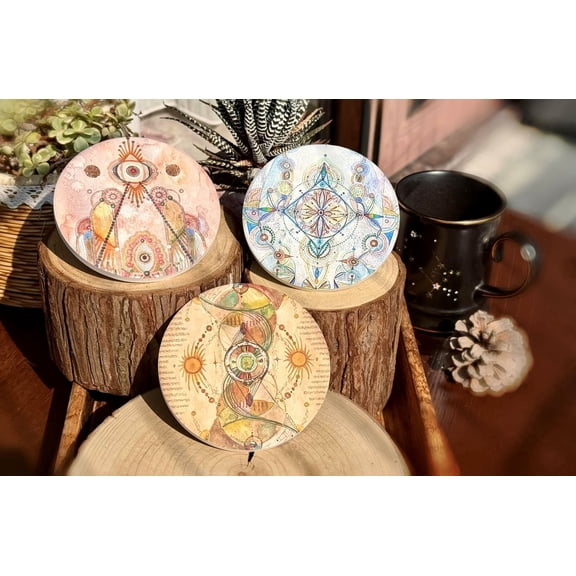 Multicolor Bohemian Mandala Ceramic Coaster Set of 3, Absorbent Stone Drink Mats for Coffee Table