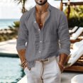 thumbnail image 2 of Mfakffe Men Linen Shirt Button Down Long Sleeve Beach Band Collar Casual Summer Shirts, 2 of 5