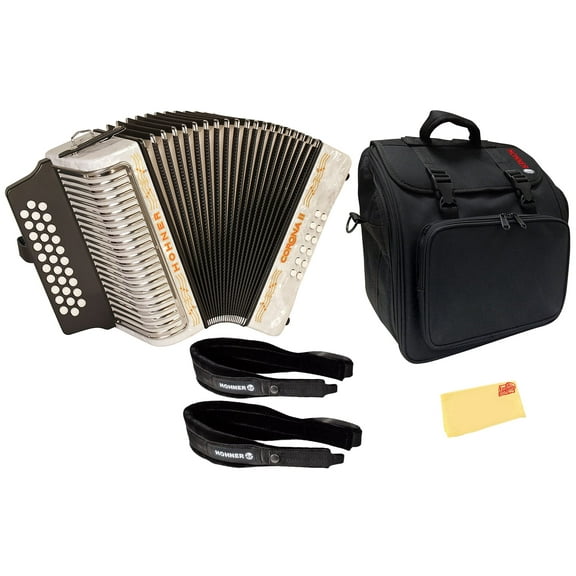 Hohner Corona II G/C/F Accordion - Pearl White Bundle with Gig Bag, Straps, and Austin Bazaar Polishing Cloth