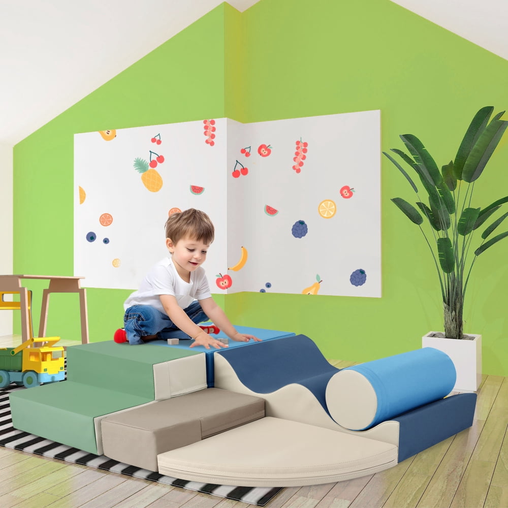 6 in 1 Soft Climb and Crawl Foam Playset for Baby, Toddler Indoor Play Equipment with Ramp, Steps, Wave Mat, Cylinder, EPE Foam,Blue & Green