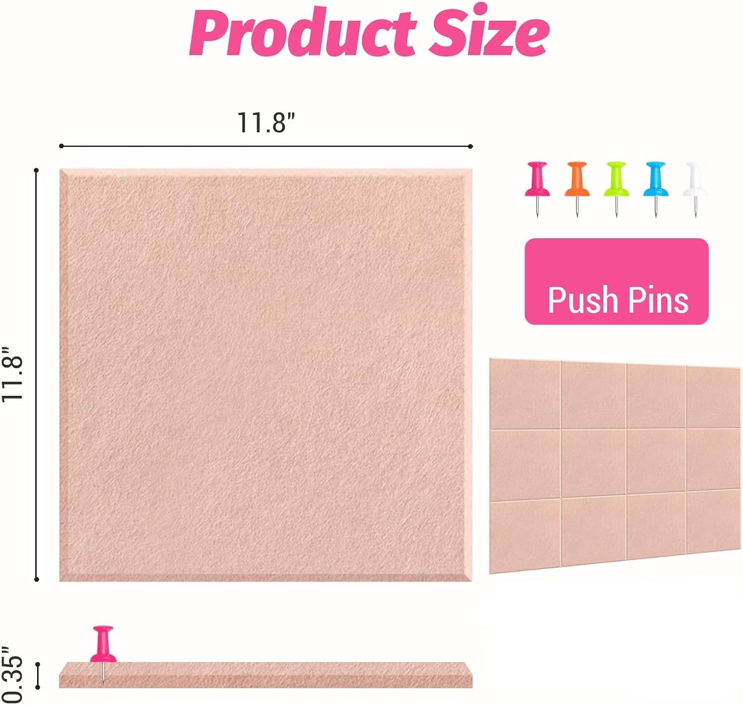 Topboutique Felt Cork Board Tiles 12 Pack 12'' Square Bulletin Board Pin Board Large Alternative Felt Wall Tiles with Pushpins for Office School Home Wall Decor Stickers Memos Photos Display,Pink