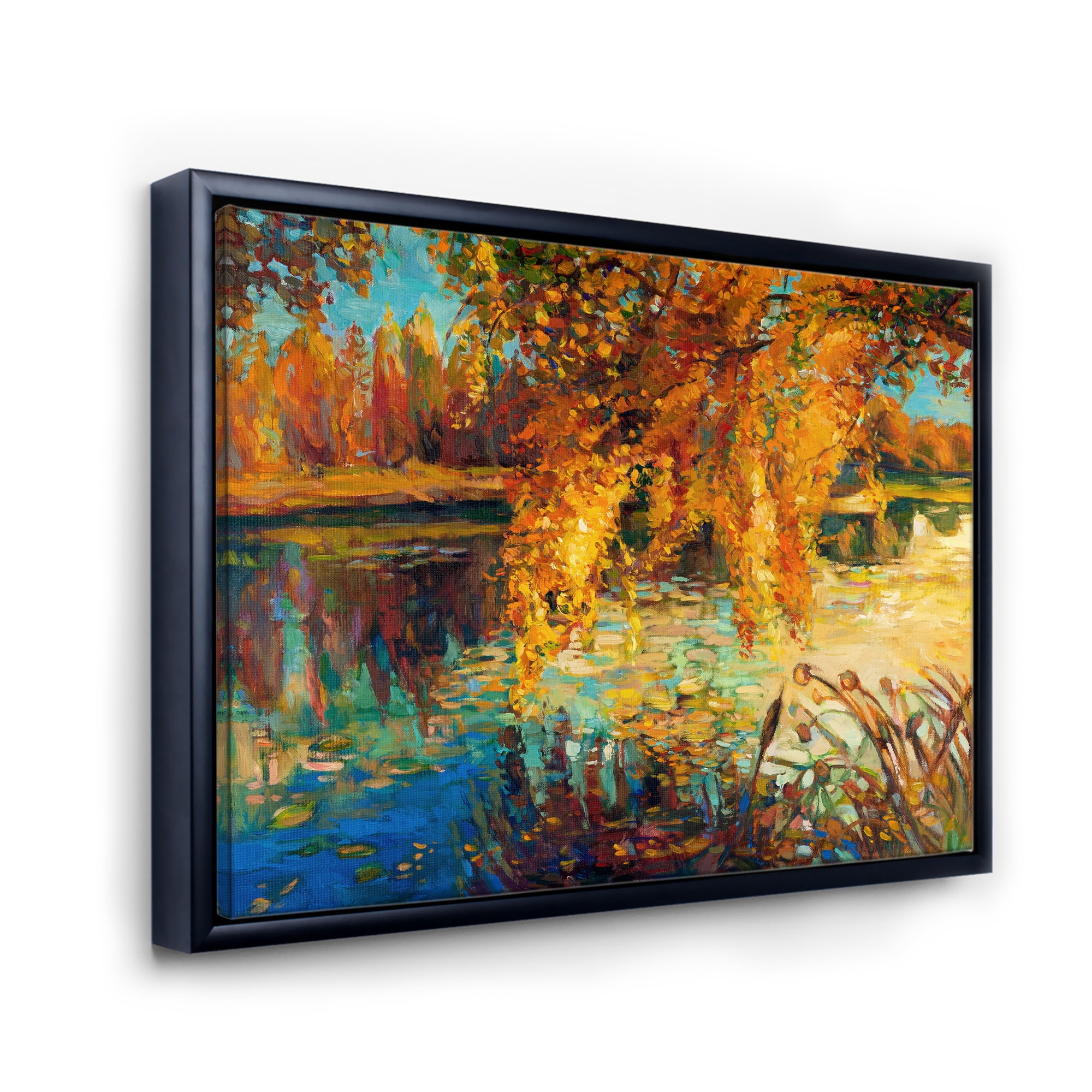 Designart 'Orange Autumn Forest Reflects On River' Lake House Framed Canvas Wall Art Print