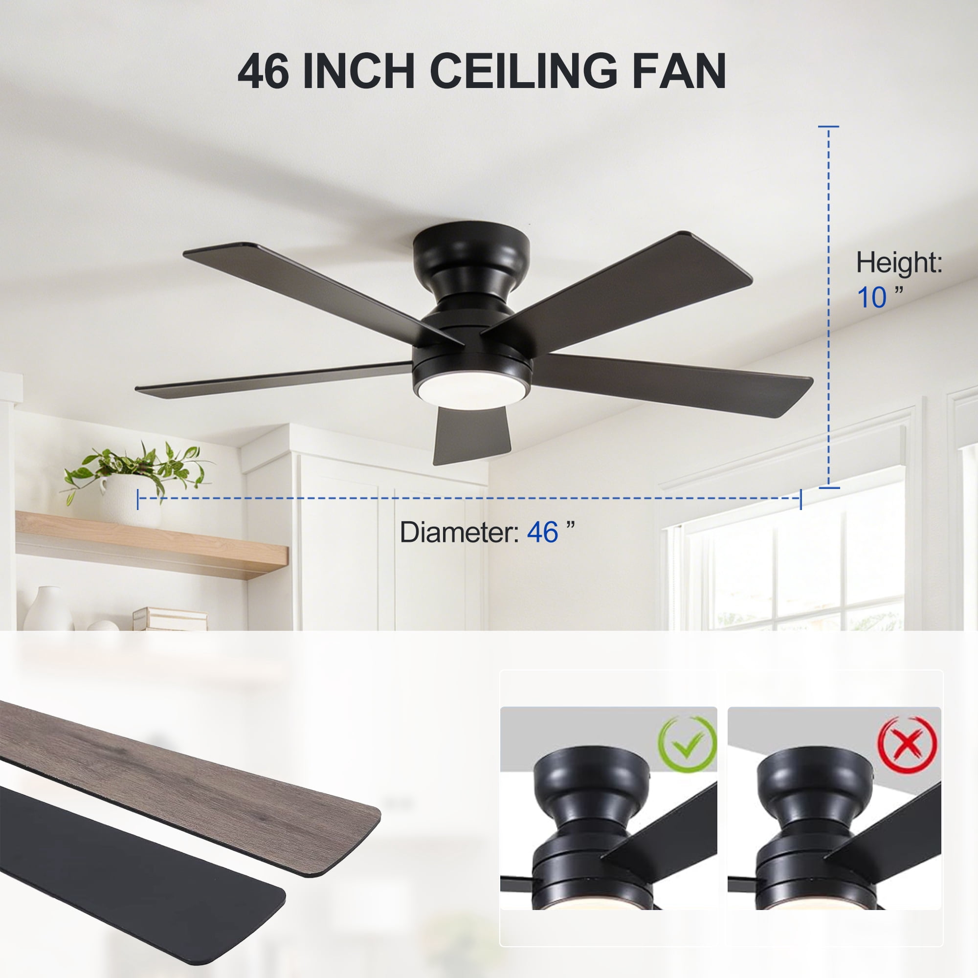 BOFANG Small Ceiling Fan with Light 46" 5-Blade for Kitchen or Office,Matte Black