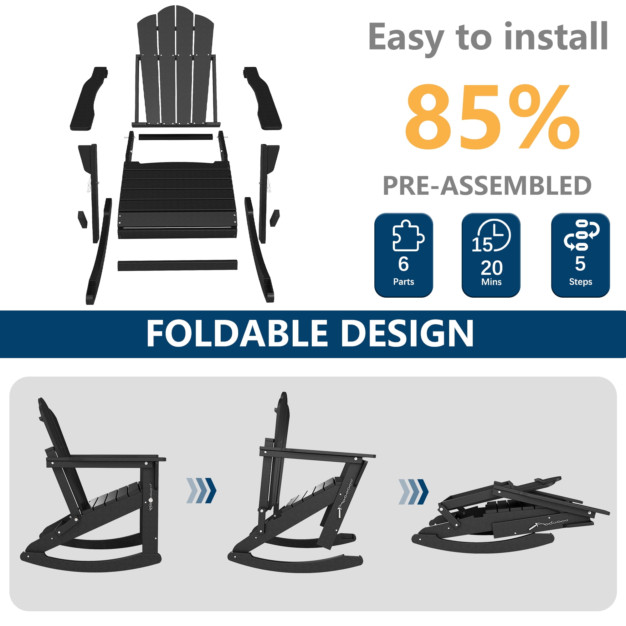 FOOWIN Folding Rocking Adirondack Chair Set of 2, HDPE Plastic Rocking Chairs for Patio Porch Rocker Chair, Black
