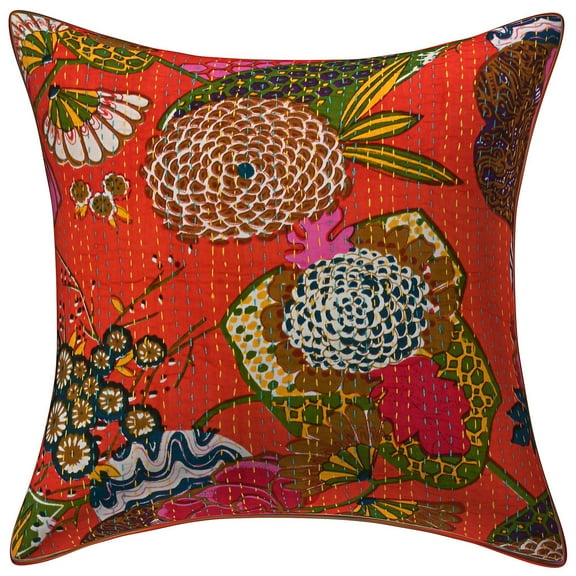 Stylo Culture Ethnic Decorative Throw Pillow Cover 20 x 20 Floral Kantha Orange Printed 50x50 cm Home Decor Cotton Tropicana Square Cushion Cover | 1 Pc