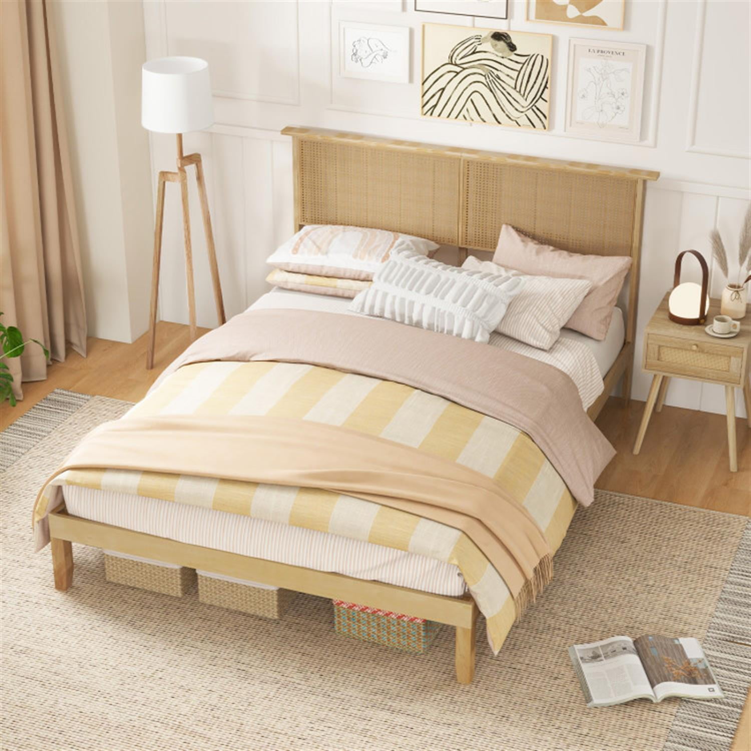 Demi Bonn Queen Size Bed Frame with Rattan Headboard, Platform Bed Frame with 12 Strong Wood Slat Support, No Box Spring Needed, Beige