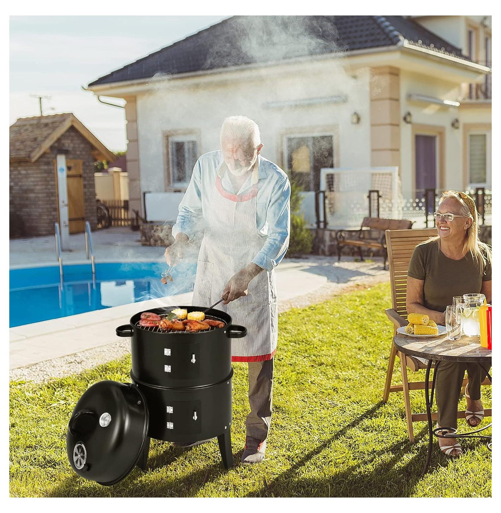 3-in-1 Charcoal Smoker Grill, Outdoor Vertical Charcoal Smoker with Built-in Thermometer & Adjustable Vent System, 2-Layer Separable BBQ Grills for Camping & Family Cooking