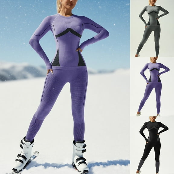 Oksale Slim Snowsuit for Women Warm Winter Mositure Wicking Underwear Active Sports Pajamas Sets for Snowboarding Skiing 2 Piece Gray S