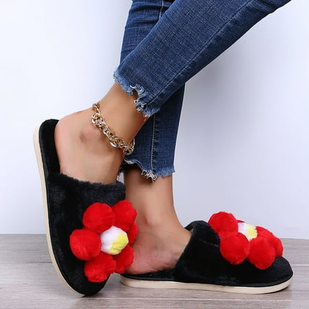 

Plush Slippers Autumn And Winter Warm Fashion Sweet Flowers Indoor And Outdoor Wear Cotton Slippers Women