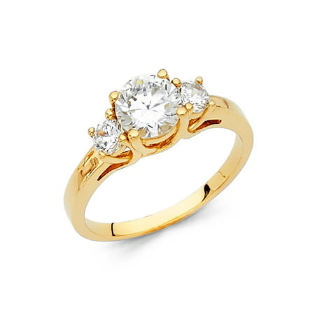 14K Solid Yellow Gold 1.25 cttw Polished Cubic Zirconia Round Cut Three 3 Stone Wedding Engagement Ring, Size