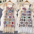 thumbnail image 4 of Women Sleeveless Square Neck Crocheted Flower A Line Short Dress Hollowed Knitted Tassels Beach Vacation Cover Up Dress, 4 of 20