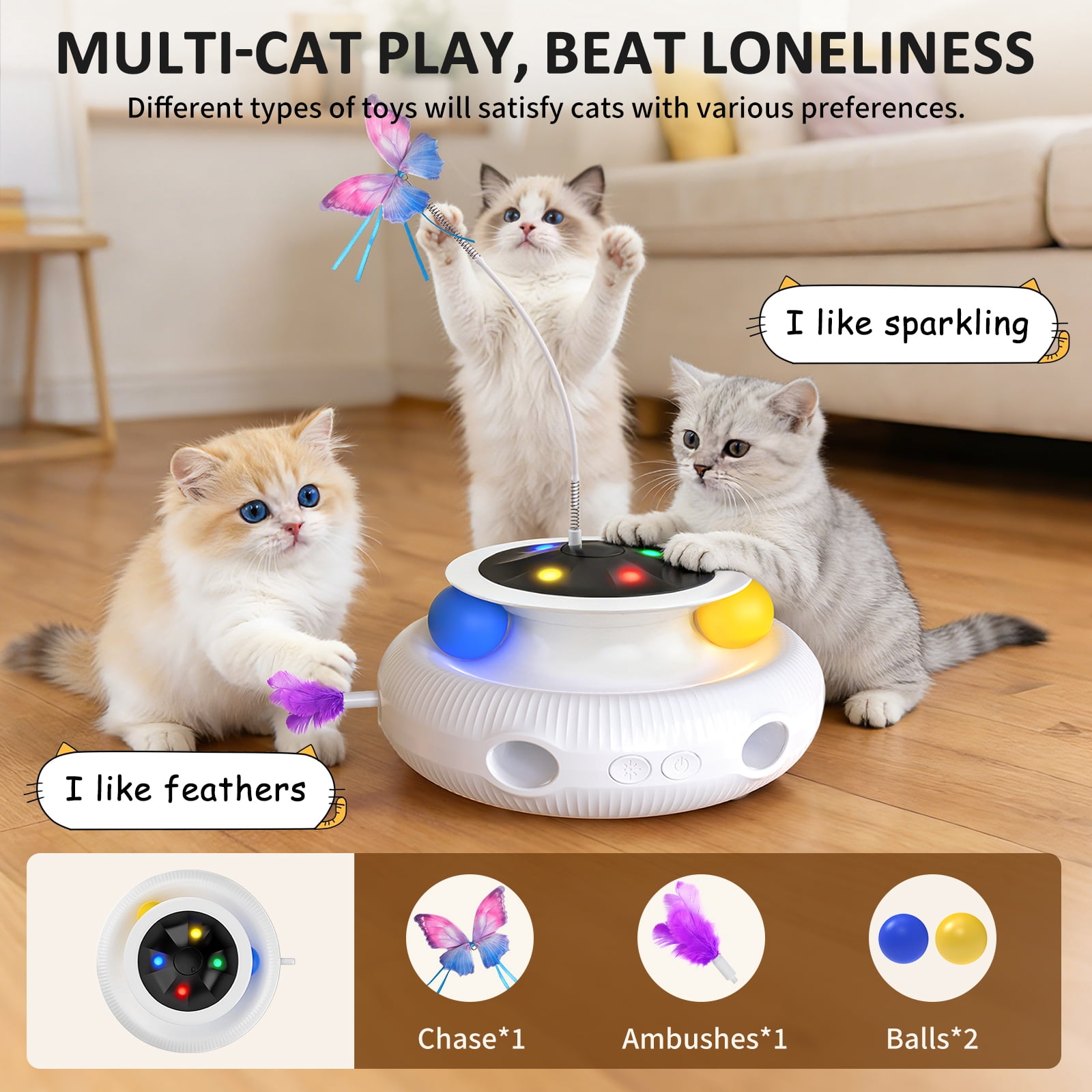 Three-in-one indoor interactive cat toy: Smart cat feather wand, USB rechargeable, White.