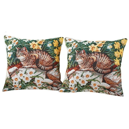 Custom Woven Throw - Daisies and Cats Tapestry Woven Throw Pillow Covers Set, 2 Pc