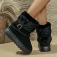 thumbnail image 3 of Platform Snow Boots for Women Suede Cozy Plush Fold Over Slip on Winter Mid Calf Booties with Ankle Strap Black Size 9.5, 3 of 5