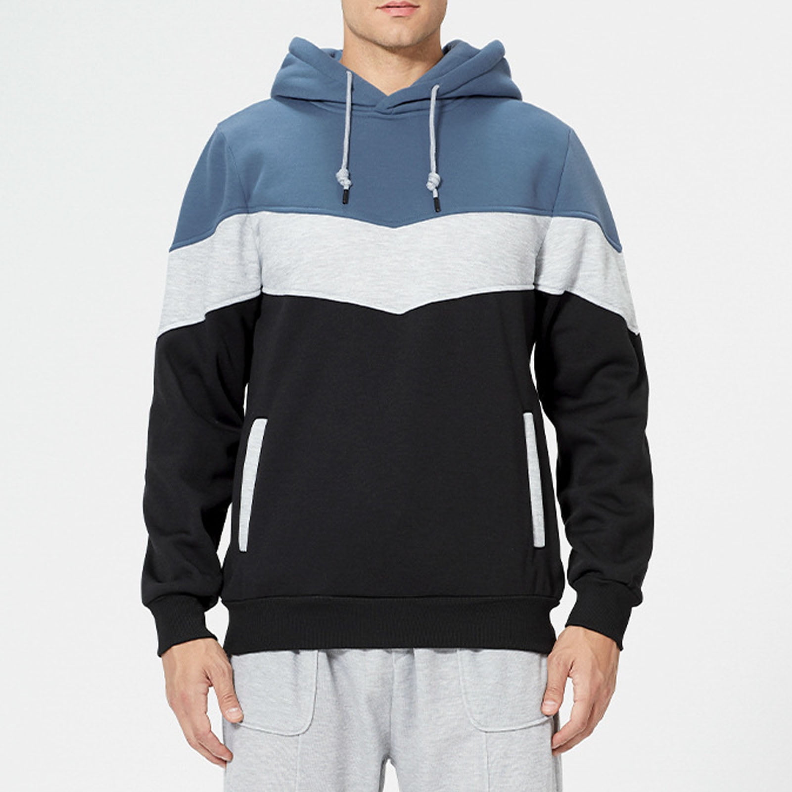 Men Color Block Hoodie with Pockets Drawstring Hooded Pullover Ribbed Cuffs Hem Long Sleeve Comfortable Hoodie Denim Blue S Walmart