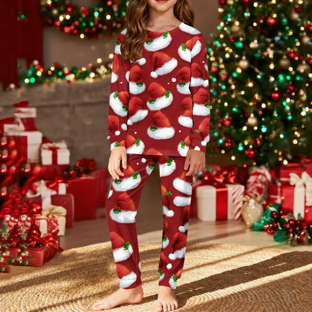 Conjuntos de blusas y camisas de cuello redondo y manga larga con estampado navideño para niños Camisa de manga larga con cuello redondo y cintura elástica Pantalones largos Conjunto de traje de casa