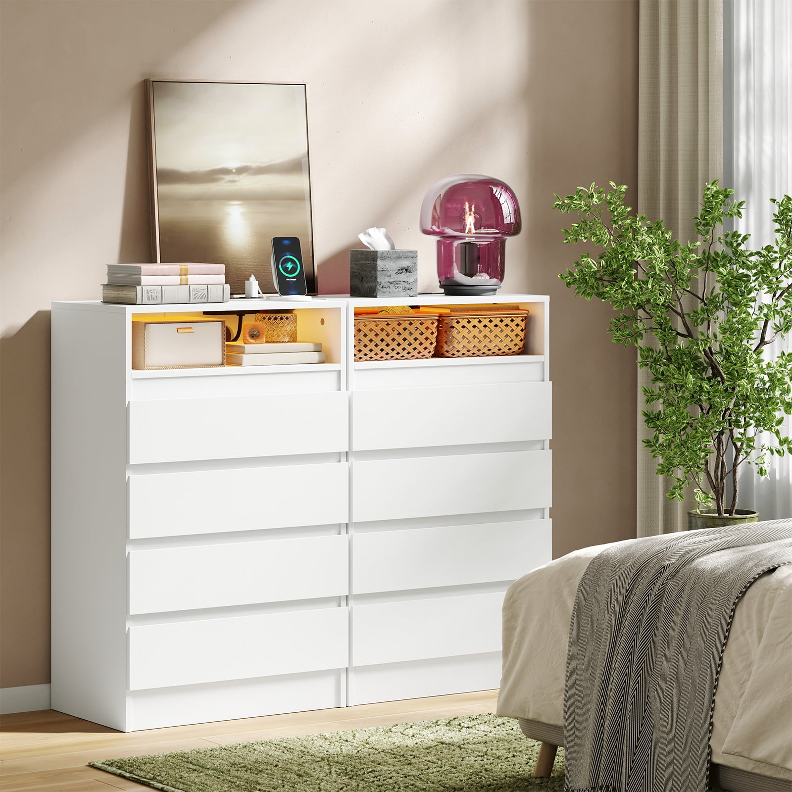 Modern Wide 4 Drawer Dresser with LED Lights & USB Charging Station – Bedroom, Living Room Storage Cabinet – Ample Space, Power Outlet – Accent Chest of Drawers